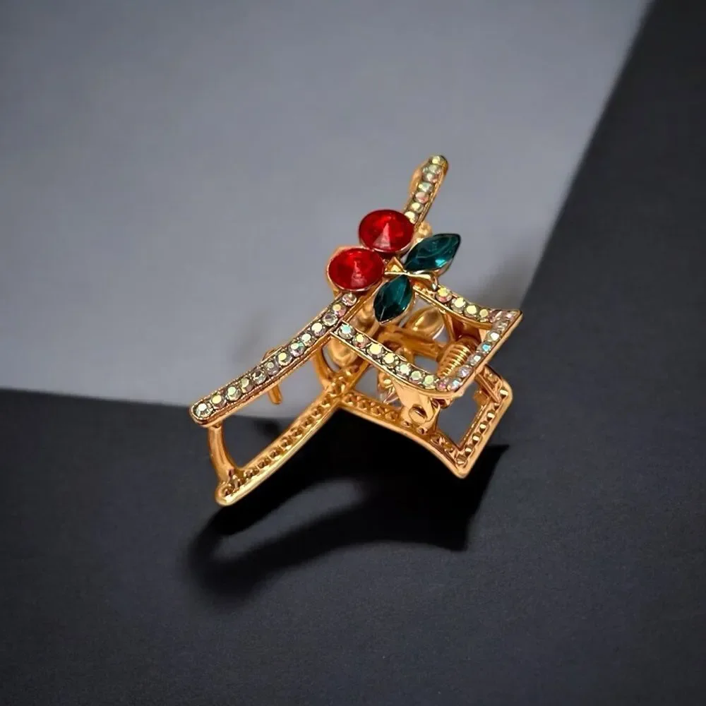 Elegant Red Cherry And AB Rhinestone Small Gold Hair Claw